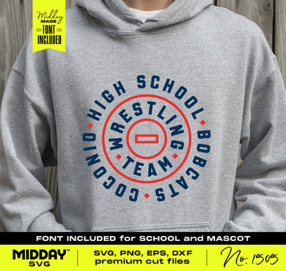 Gray hoodie featuring a customizable high school wrestling team design with included SVG, PNG, and DXF cut files for Cricut and Silhouette.