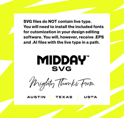 Midday SVG disclaimer with yellow background, mentioning font installation and file formats from Austin, Texas, USA.