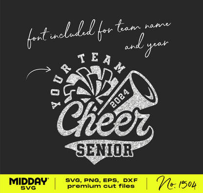 2024 Senior Cheer Team SVG Design with Megaphone and Pom Pom, for Cricut and Silhouette, includes font for team name.