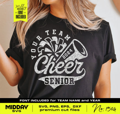 Senior cheerleader wearing black shirt with 'Cheer Senior 2024' design, customizable SVG for Cricut, includes premium cut files.