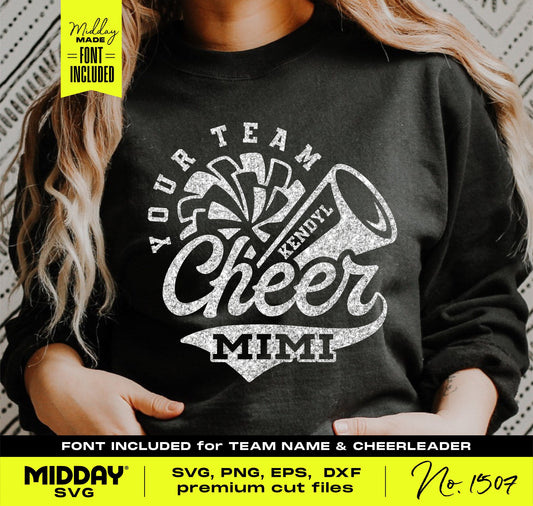 Customizable Cheer Mimi SVG design on a black shirt, featuring cheerleader graphics for Cricut projects and team personalization.