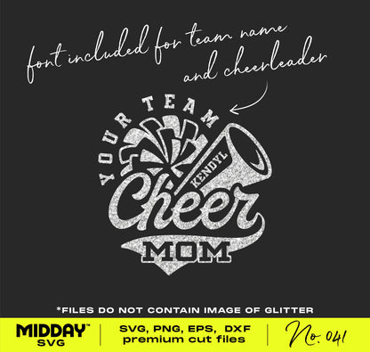 Cheer Mom design with megaphone and pompom graphic for SVG, PNG, EPS, DXF cut files, ideal for Cricut or Silhouette projects.