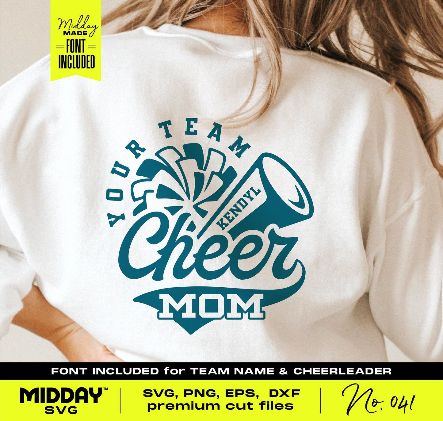 White shirt with blue design reading 'Your Team Cheer Mom' with megaphone and pom-pom graphics, ideal for cheerleader SVG cut files.