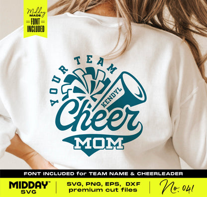 White shirt with blue design reading 'Your Team Cheer Mom' with megaphone and pom-pom graphics, ideal for cheerleader SVG cut files.