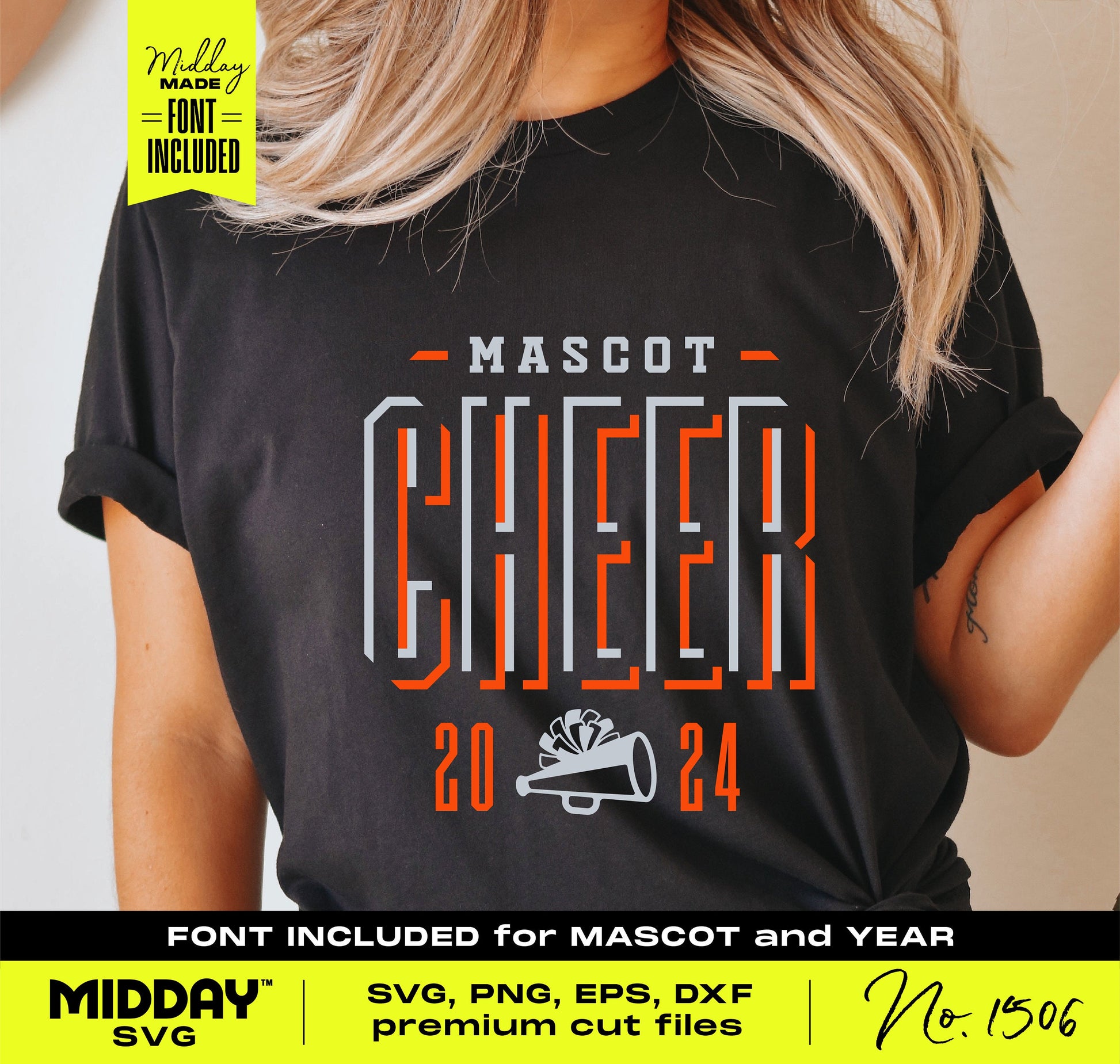 Black cheer team shirt with "Mascot Cheer 2024" design, featuring a megaphone and pom icons. Includes SVG, PNG, EPS, DXF cut files.
