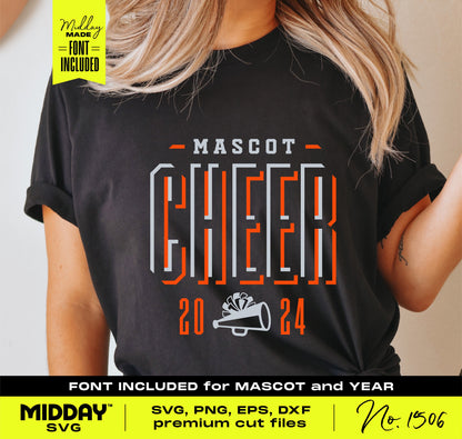 Black cheer team shirt with "Mascot Cheer 2024" design, featuring a megaphone and pom icons. Includes SVG, PNG, EPS, DXF cut files.