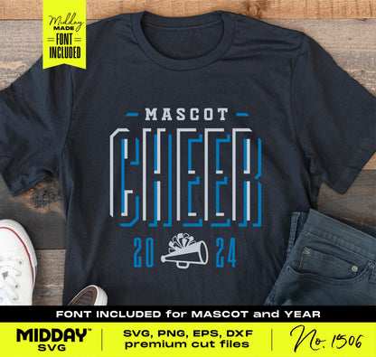 Cheer team shirt with 'Mascot Cheer 2024' design, featuring megaphone graphic, includes fonts for customization. Available in SVG, PNG, EPS, DXF.