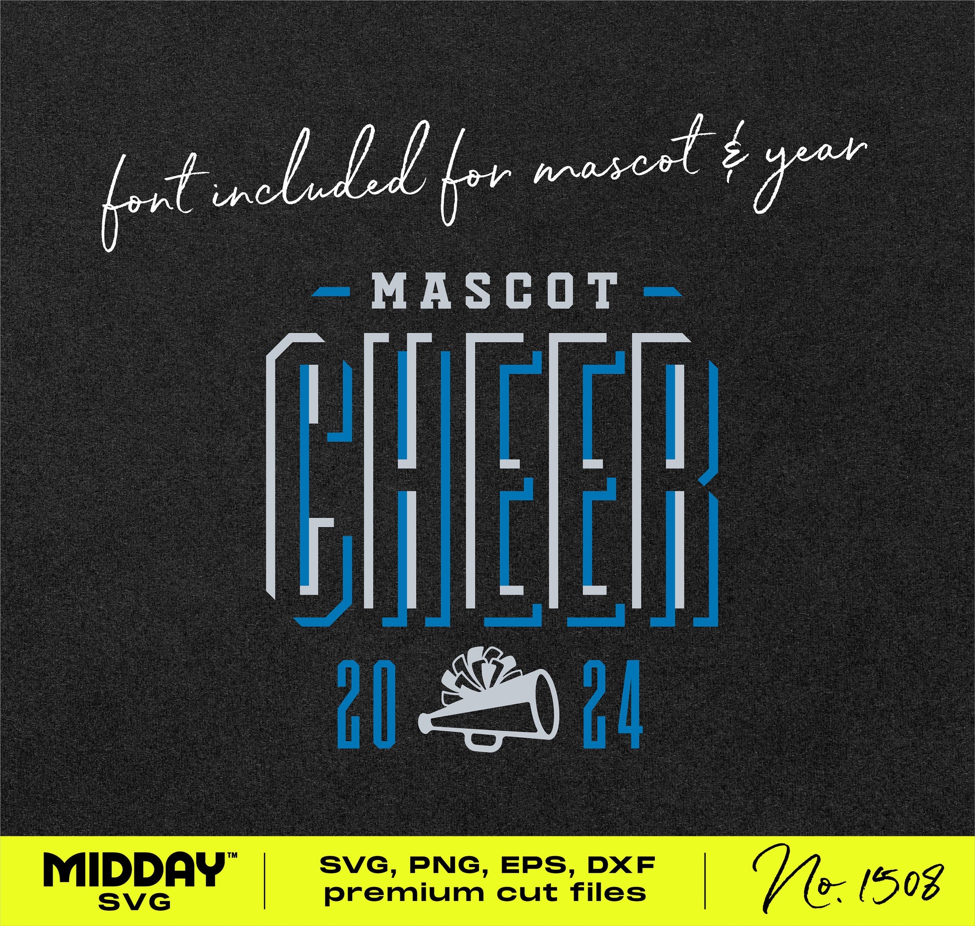 Cheer svg design with megaphone, pom, and '2024' text for DIY cheerleader shirts, includes font for mascot and year customization.