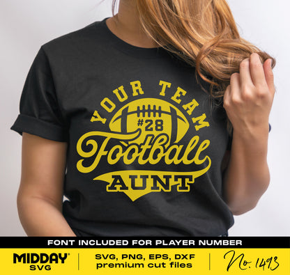 Person wearing a "Your Team Football Aunt #28" T-shirt design in black and yellow for Cricut SVG projects.