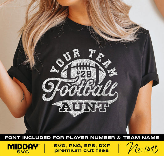Woman wearing a black t-shirt with 'Your Team Football Aunt' print, ideal for aunts supporting their football player nephews. SVG available.