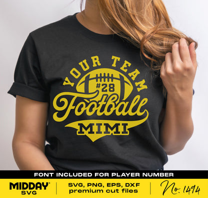 "Football Mimi Shirt with 'Your Team' and football graphic, designed for Cricut and sublimation, featuring SVG, PNG, EPS formats."