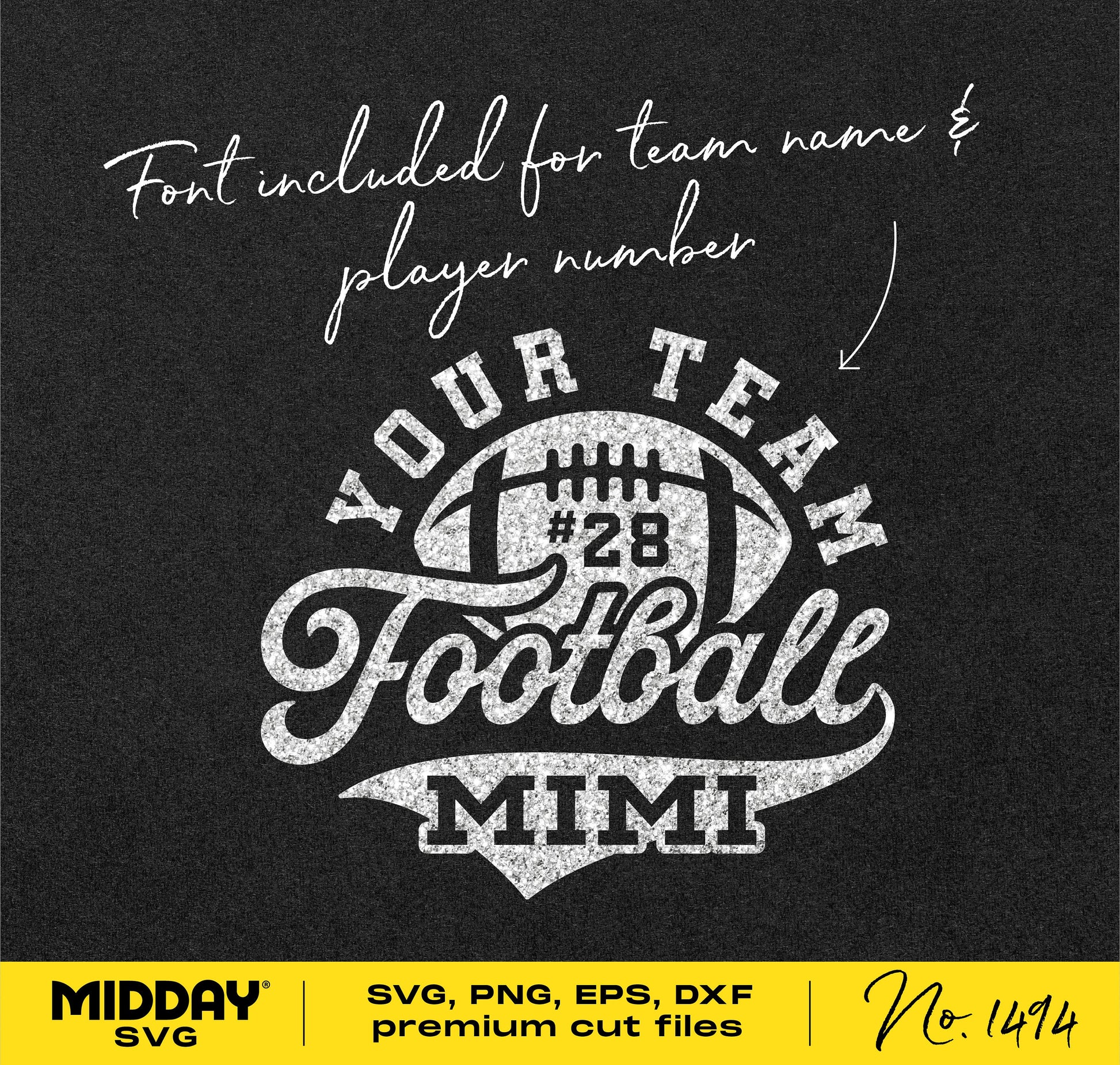 Football Mimi shirt design SVG PNG with customizable team and player number. Perfect for Cricut and sublimation projects by Midday SVG.