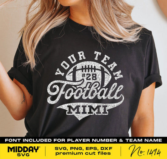 Black t-shirt featuring 'Your Team Football Mimi' design; ideal for Cricut projects, sublimation, football family apparel, SVG files included.