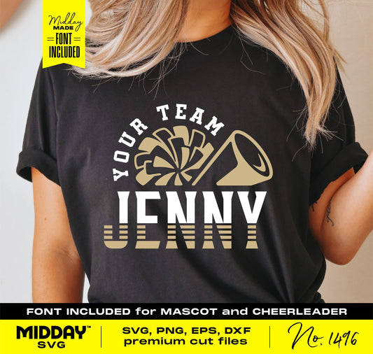 Person wearing a black shirt with a custom cheerleader design template reading "Your Team Jenny," available in various file formats for Cricut.