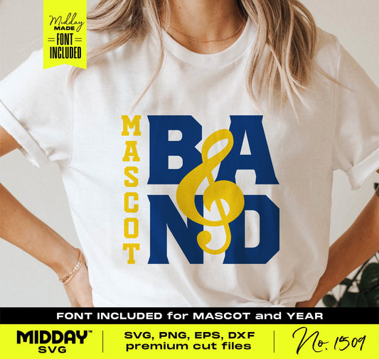 White T-shirt featuring a bold blue and yellow 'Band' design with a treble clef and text 'Mascot.' Perfect for marching band apparel.