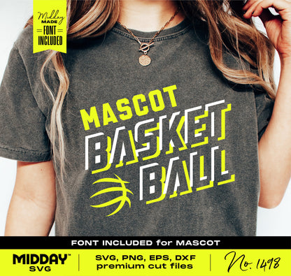 Basketball shirt with bold yellow and white text, featuring "MASCOT BASKETBALL" design. Font included offer displayed.