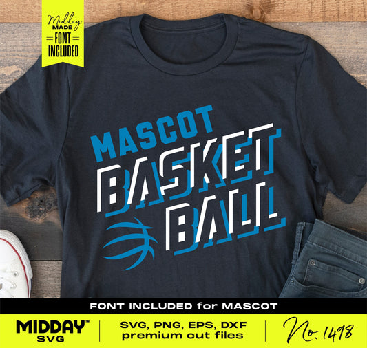 Black basketball team shirt with "Mascot Basketball" design, includes SVG, PNG, EPS, DXF files, suitable for Cricut and design projects.