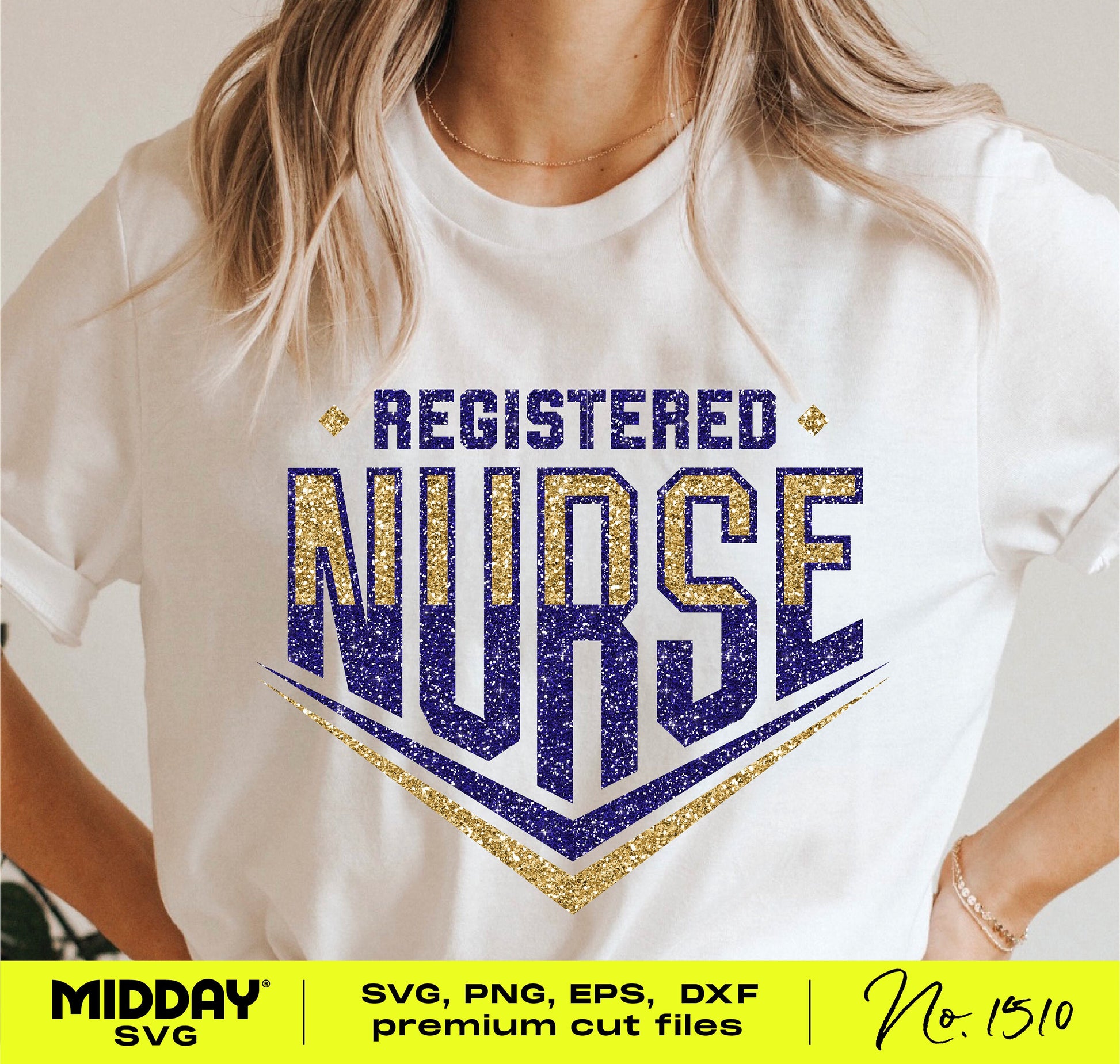 Sporty registered nurse t-shirt with glittery text design in SVG format for Cricut and Silhouette crafting projects.