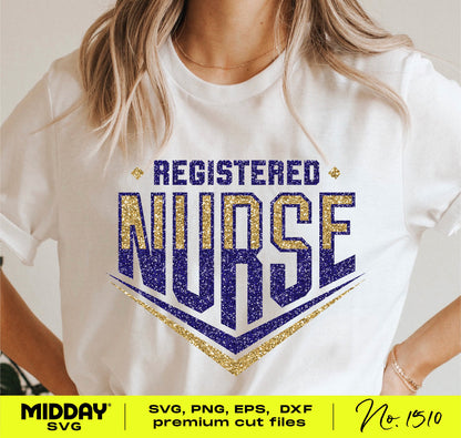 Sporty registered nurse t-shirt with glittery text design in SVG format for Cricut and Silhouette crafting projects.
