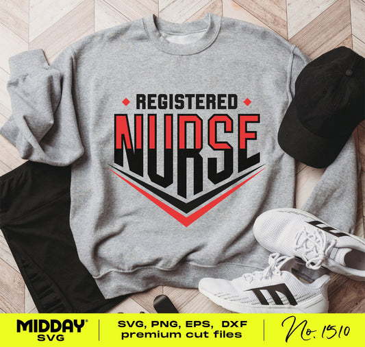 Sporty Registered Nurse design on gray shirt with athletic gear, available as SVG, PNG for Cricut and Silhouette, ideal for nursing gifts.