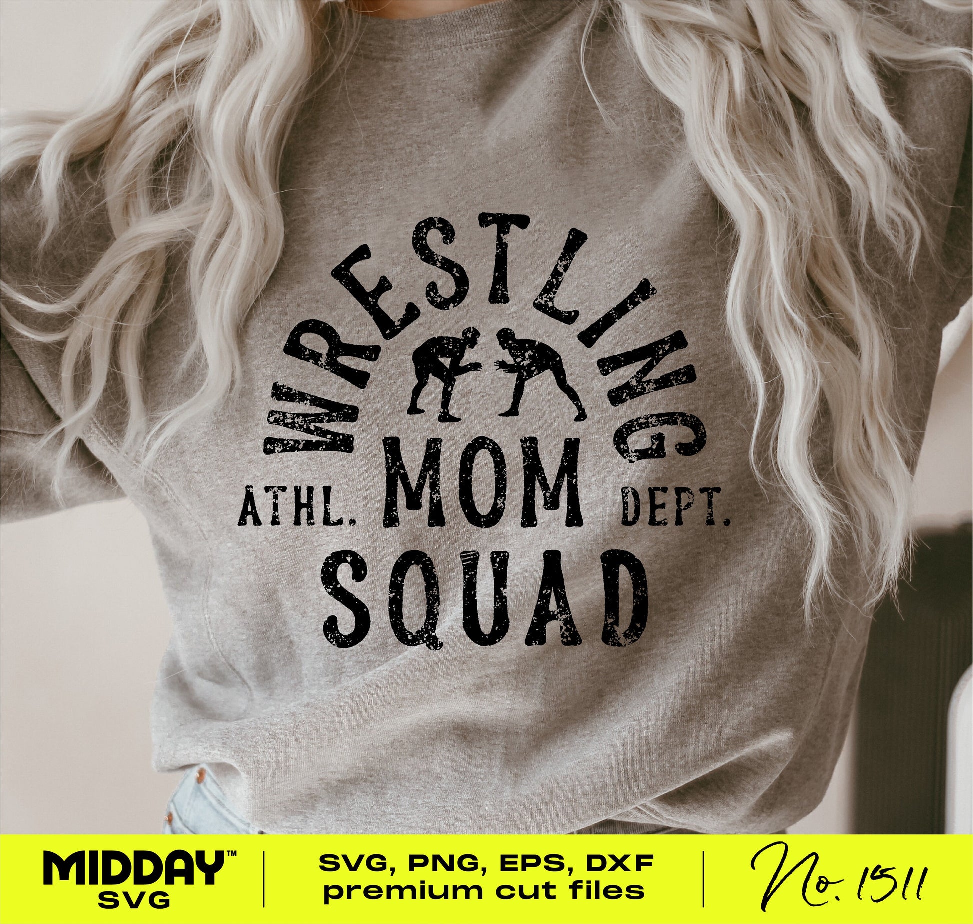 Woman wearing gray shirt with 'Wrestling Mom Squad' design, available in SVG, PNG, EPS, DXF formats for Cricut and Silhouette.