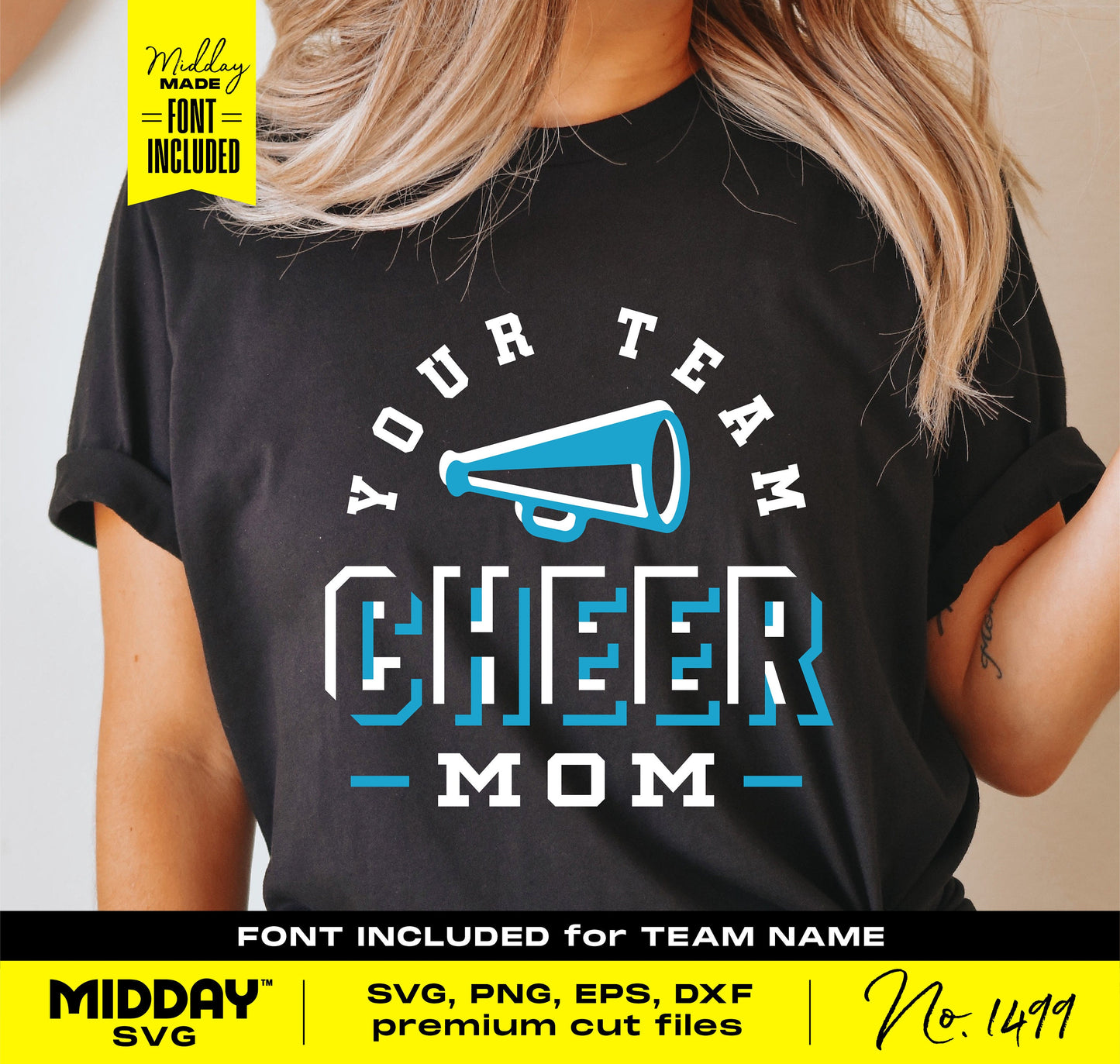 Cheer Mom t-shirt design featuring 'Your Team Cheer Mom' text with megaphone graphic, ideal for Cricut and Silhouette projects.