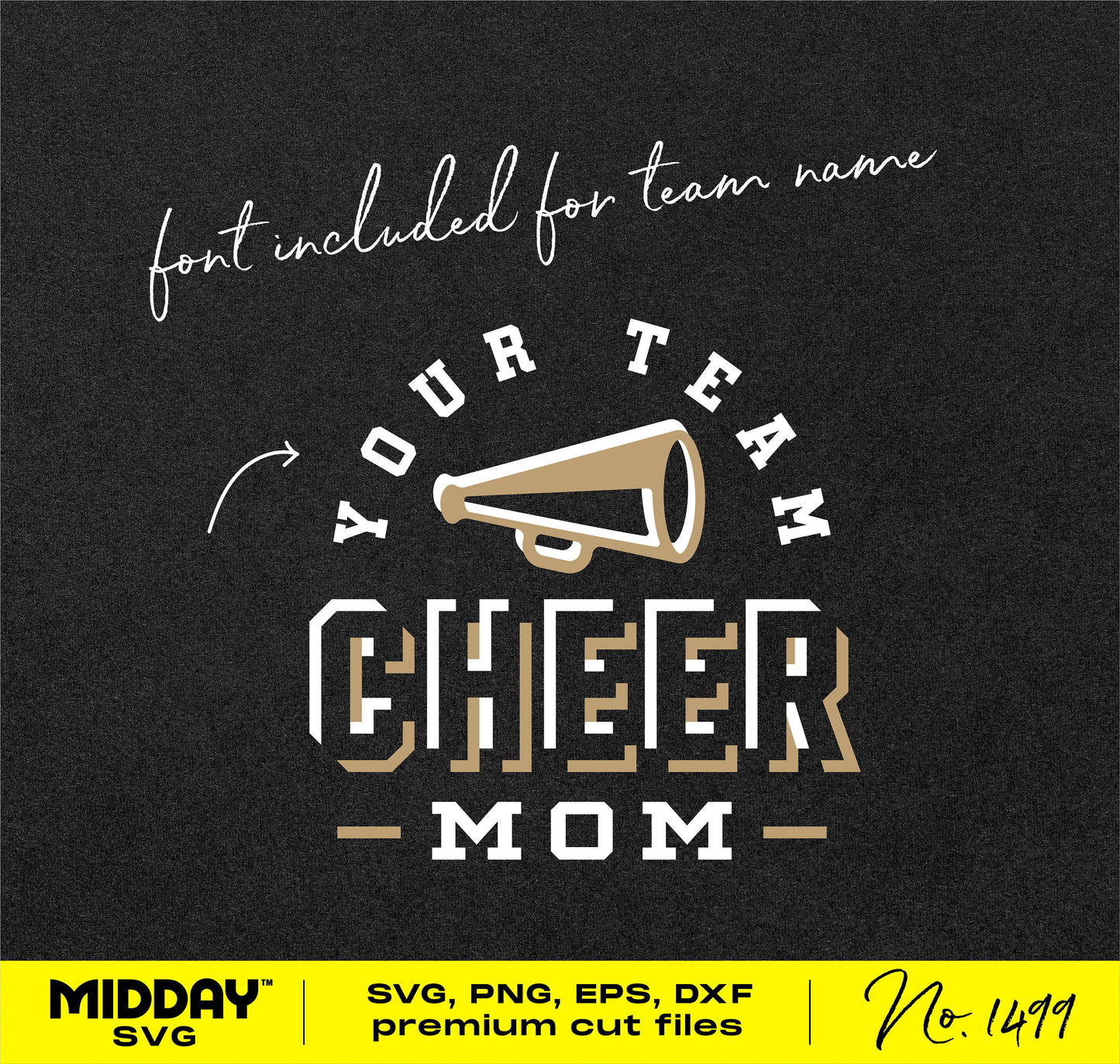 Cheer Mom SVG digital design with megaphone and customizable team name for Cricut projects, available in SVG, PNG, EPS, DXF formats.