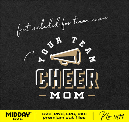 Cheer Mom SVG digital design with megaphone and customizable team name for Cricut projects, available in SVG, PNG, EPS, DXF formats.