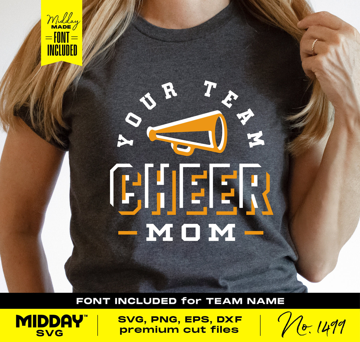 Cheer Mom SVG design for shirts, featuring a megaphone and 'Your Team Cheer Mom' text. Ideal for Cricut and Silhouette projects.