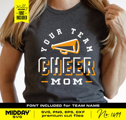 Cheer Mom SVG design for shirts, featuring a megaphone and 'Your Team Cheer Mom' text. Ideal for Cricut and Silhouette projects.