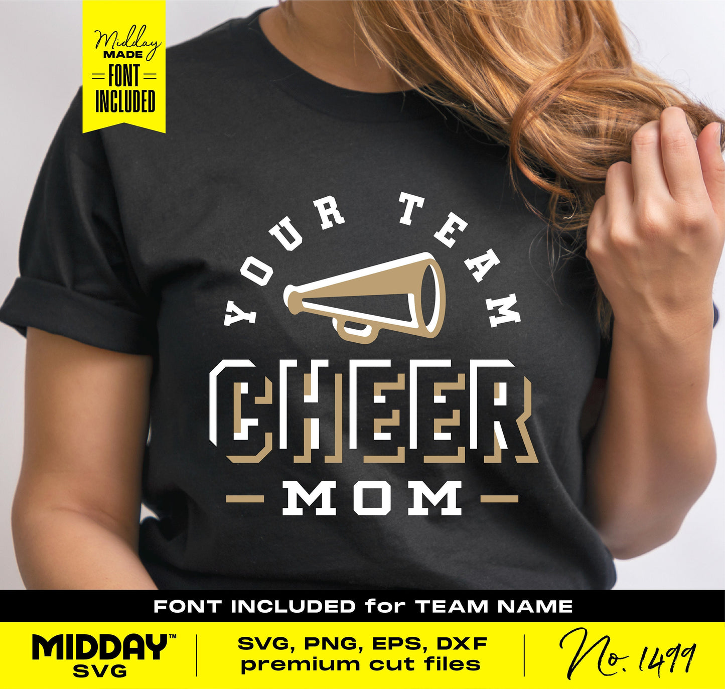 Cheer Mom T-shirt with megaphone design, customizable team name, suitable for Cricut and Silhouette, includes SVG, PNG, EPS, DXF files.
