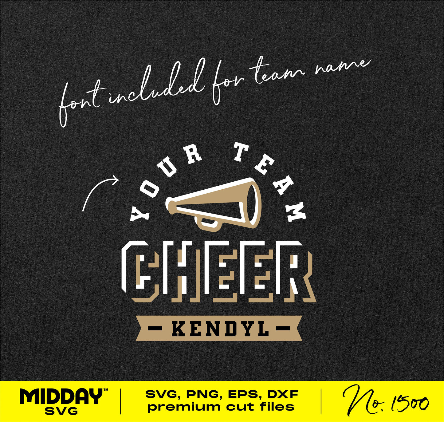 Cheer team template with megaphone graphic, customizable font for team name, ideal for shirts and tumblers, SVG format by Midday SVG.