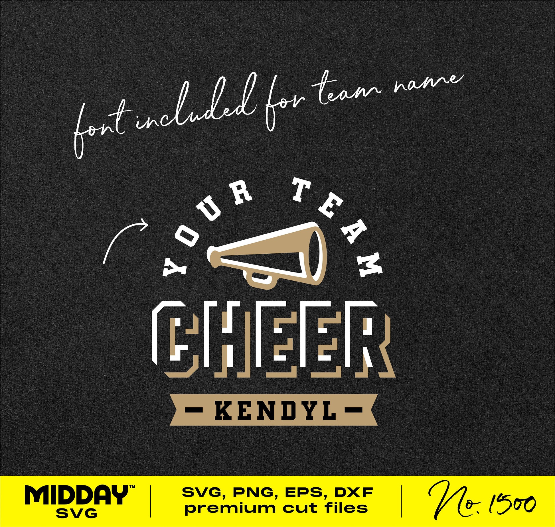 Cheer team template with megaphone graphic, customizable font for team name, ideal for shirts and tumblers, SVG format by Midday SVG.