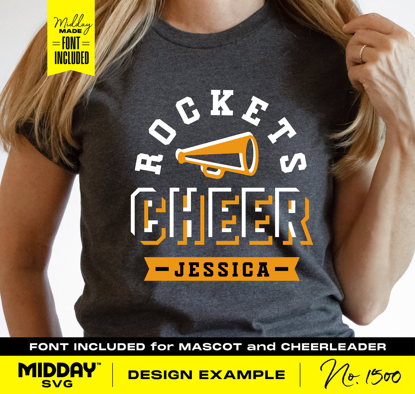 Cheerleading shirt design with Rockets, megaphone, and customizable name template for DIY projects.