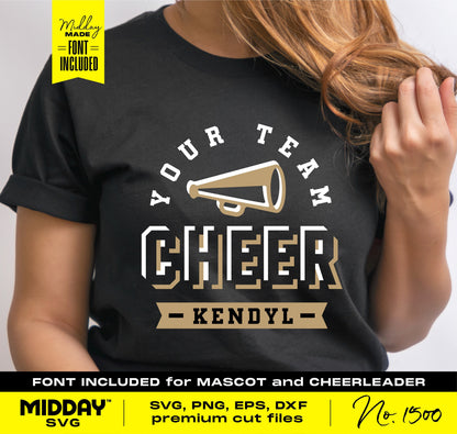 Black t-shirt featuring your team cheer megaphone SVG design with customizable name for shirts, including premium cut files.