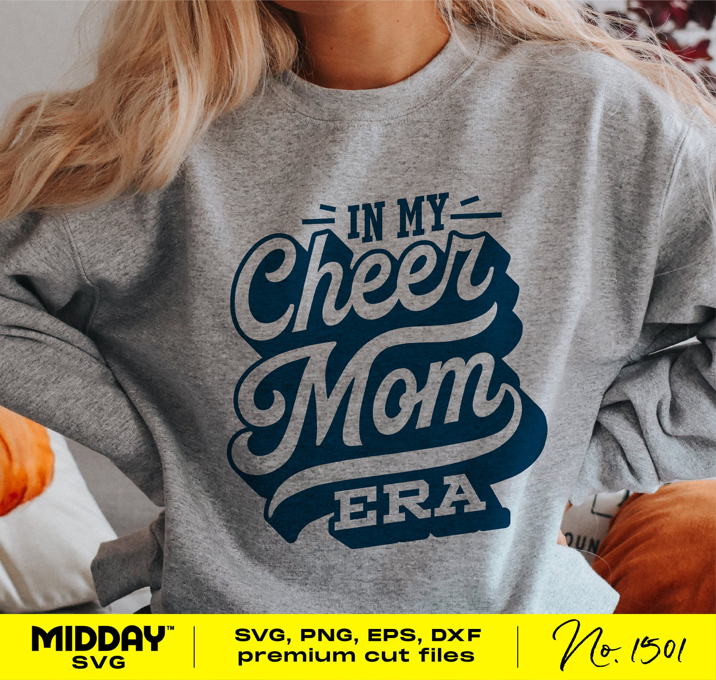 Gray sweatshirt featuring 'In My Cheer Mom Era' design for cheer moms, available as SVG/PNG for Cricut and sublimation projects.