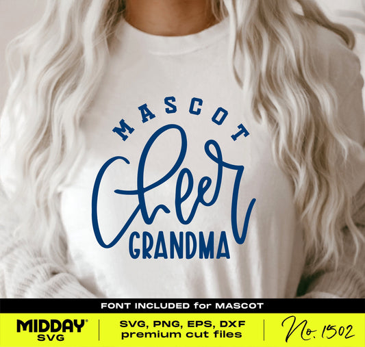 Woman wearing a white T-shirt with 'Mascot Cheer Grandma' SVG design, suitable for Cricut, tumblers, and cheer team family shirts.
