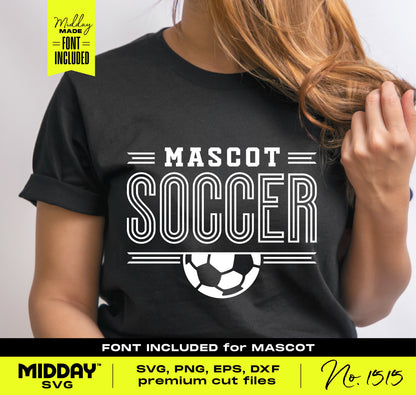 Soccer shirt with "Mascot Soccer" design, includes soccer ball graphic, available as SVG, PNG, EPS, DXF files for Cricut and Silhouette.