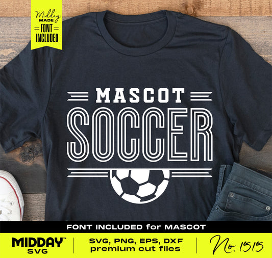 Soccer T-shirt with Mascot Soccer design, includes font. Available in SVG, PNG, EPS, DXF for Cricut and Silhouette.