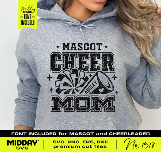 Gray hoodie with 'Mascot Cheer Mom' design, featuring a megaphone and pom-pom graphic, includes customizable font for names. By Midday SVG.