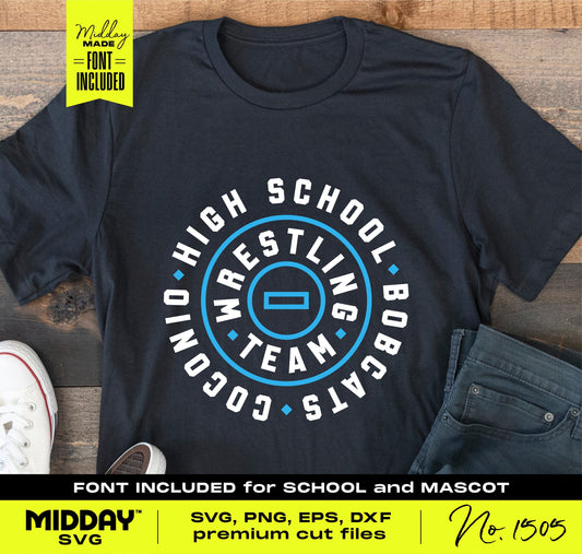 High school wrestling team shirt with SVG, PNG, EPS, DXF cut files, includes custom font, perfect for Cricut and Silhouette projects.