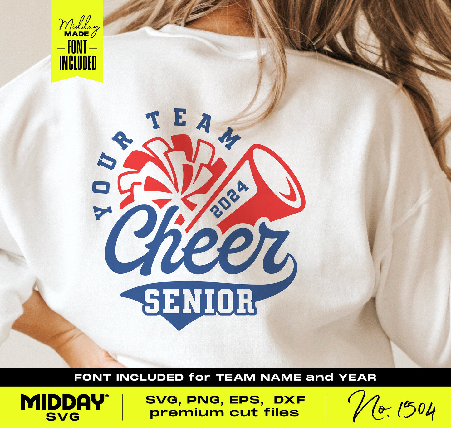 Senior cheerleading shirt design with megaphone and pom-pom graphic, 2024. Includes SVG, PNG, EPS, and DXF formats for Cricut.