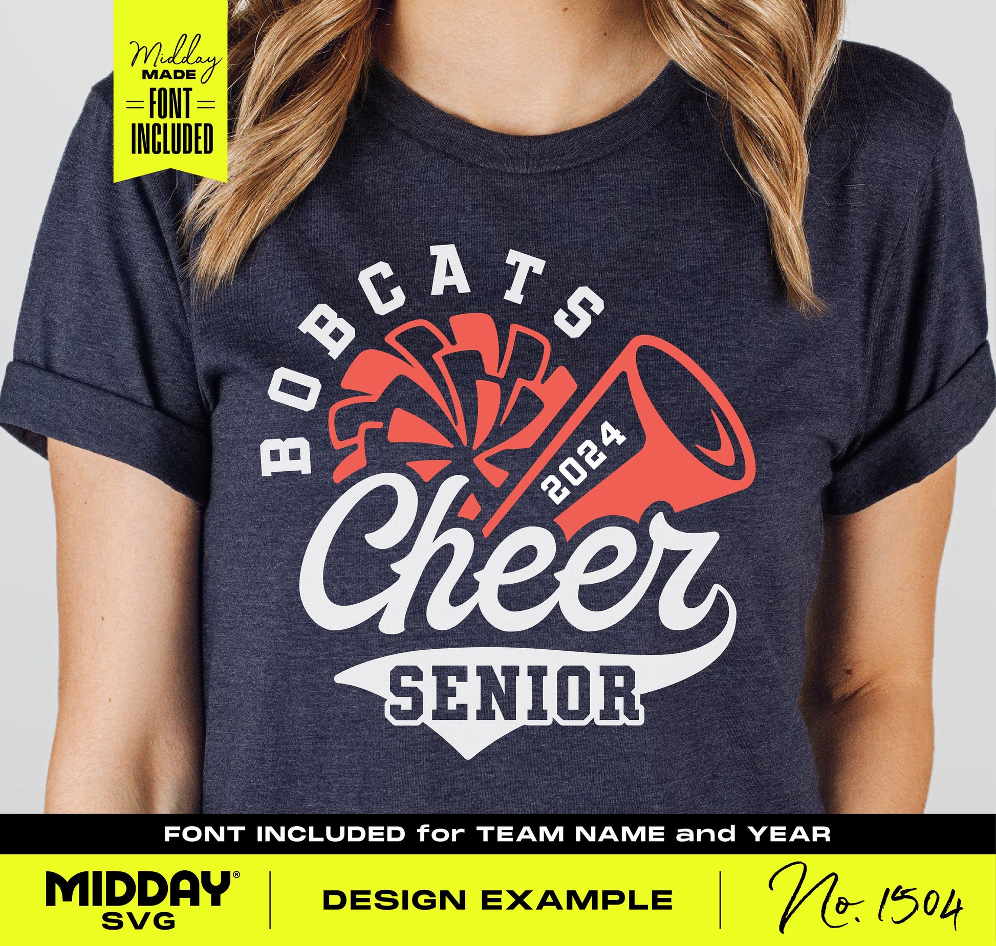 Person wearing 'Bobcats Cheer Senior 2024' varsity cheerleader shirt with pom-pom and megaphone design.