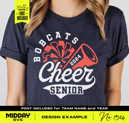 Person wearing 'Bobcats Cheer Senior 2024' varsity cheerleader shirt with pom-pom and megaphone design.