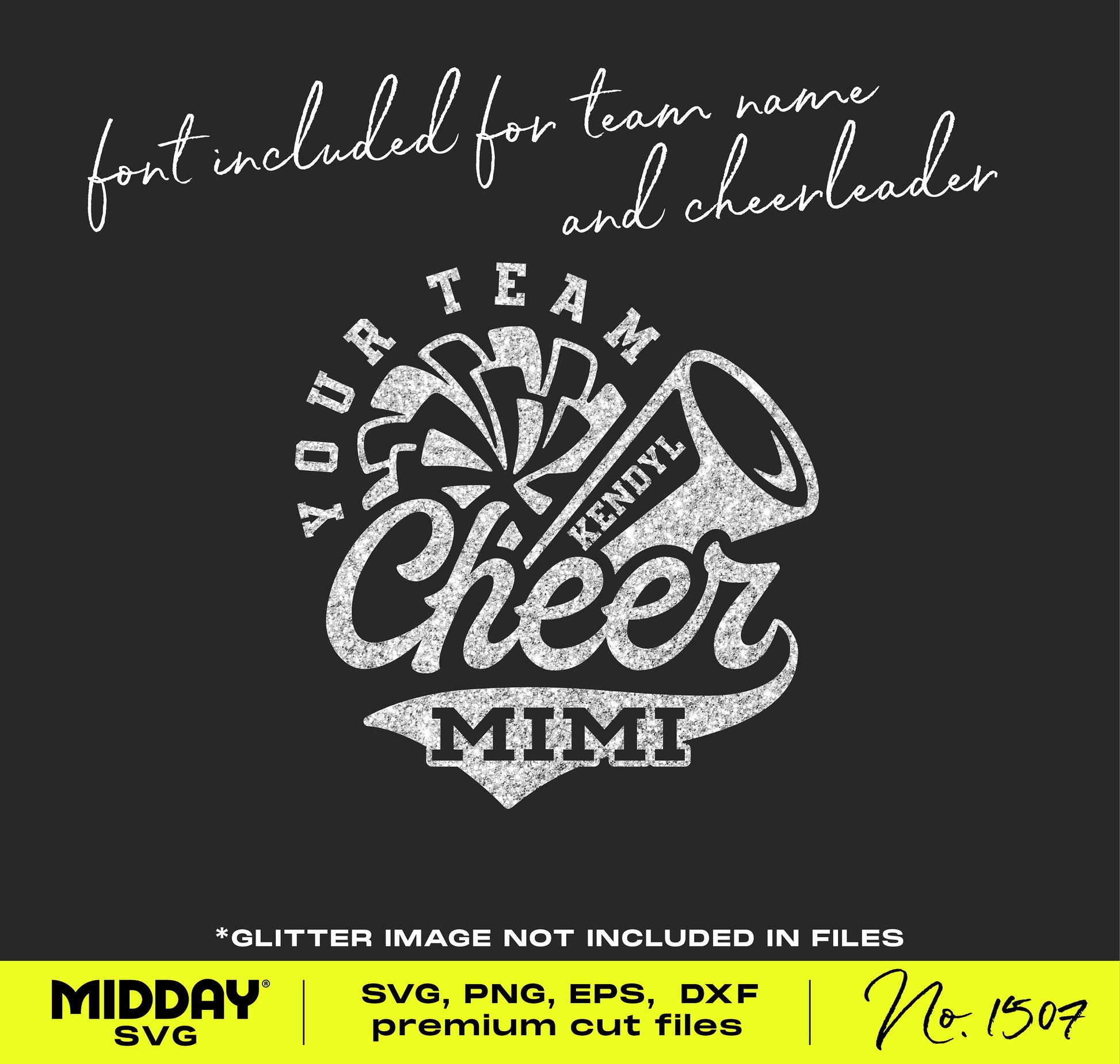 Cheer Mimi SVG digital design with cheerleader graphics, customizable text, for Cricut, ideal for cheer grandma shirts. Includes fonts.
