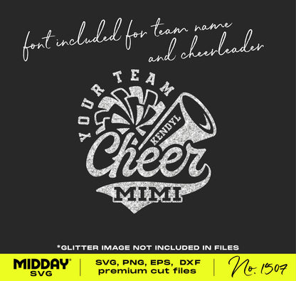 Cheer Mimi SVG digital design with cheerleader graphics, customizable text, for Cricut, ideal for cheer grandma shirts. Includes fonts.
