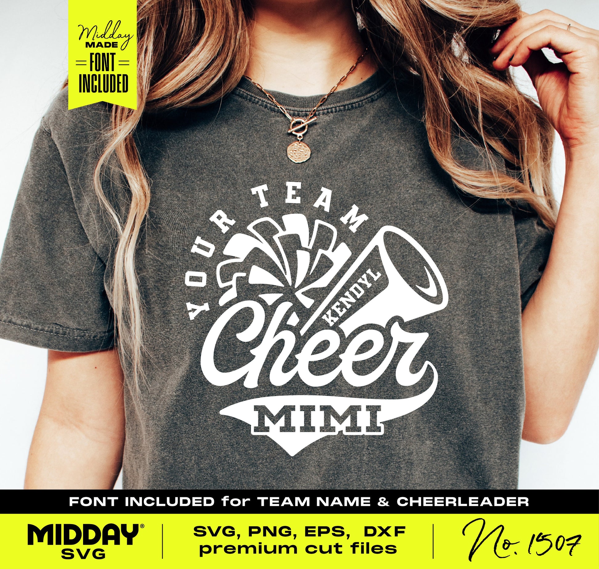 Woman wearing a Cheer Mimi shirt with customizable SVG design featuring a megaphone and pom-pom for cricut projects.