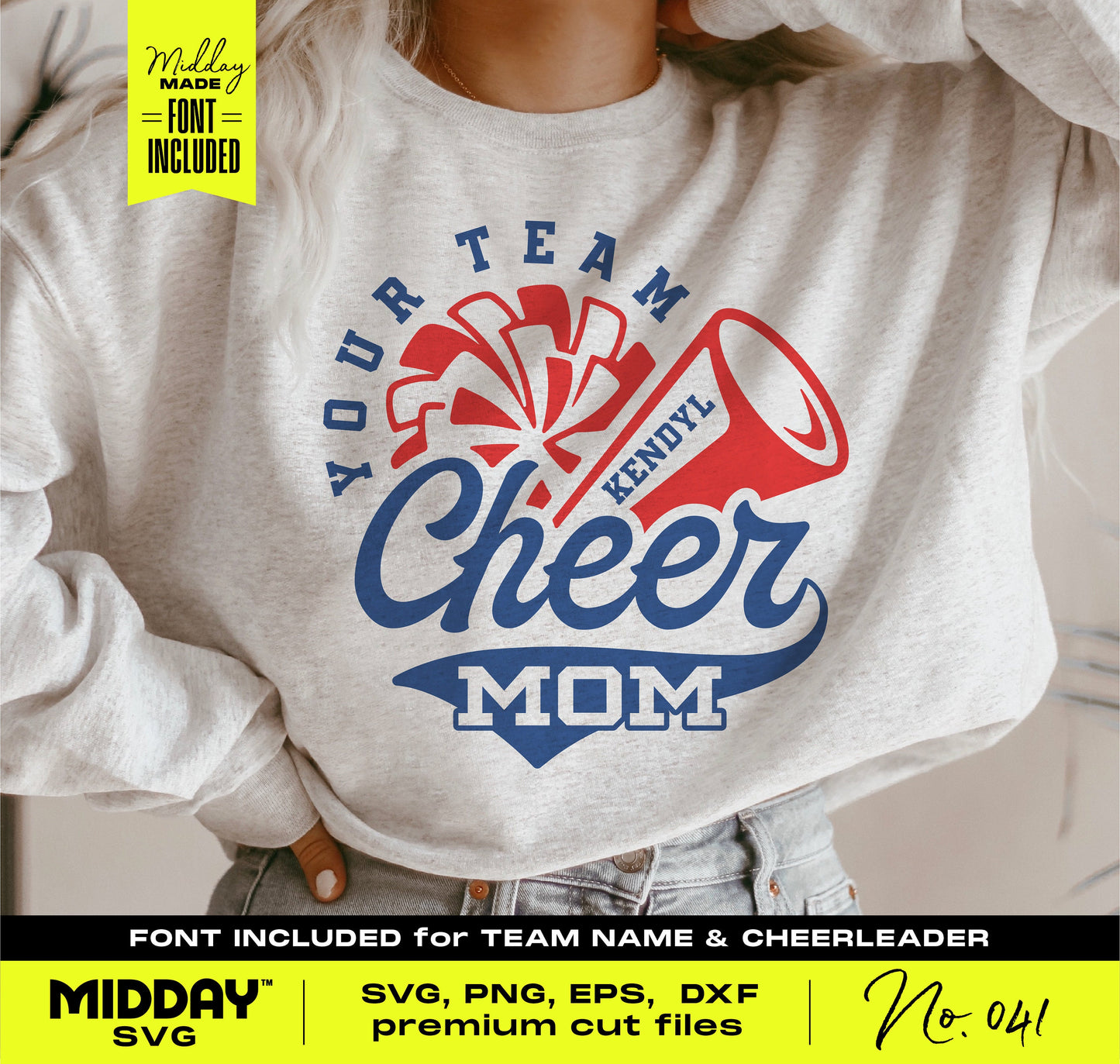 Sweatshirt with Cheer Mom design featuring megaphone, pom pom, and customizable team name.