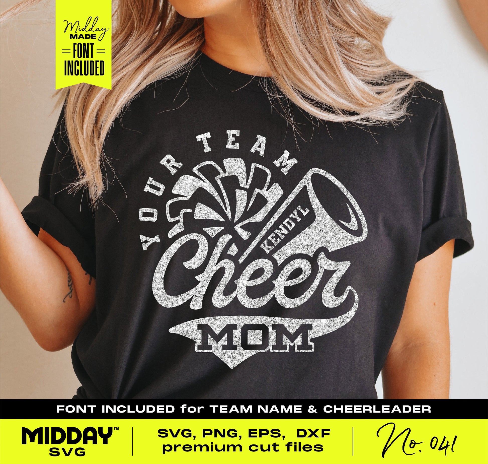 Woman wearing a Cheer Mom shirt with megaphone and pom pom design, featuring cut files for SVG, PNG, EPS, DXF formats.