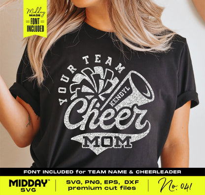 Woman wearing a Cheer Mom shirt with megaphone and pom pom design, featuring cut files for SVG, PNG, EPS, DXF formats.